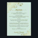 Elegant Gold Lace Frills on Mint Green Wedding Menu<br><div class="desc">This beautiful wedding menu is simple,  elegant,  sophisticated and stylish. It features a beautiful neo mint green design with lacy gold script calligraphy and delicate golden curls and swirls in the corners. The back is a beautiful marbled gold colour.</div>