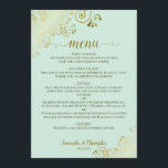 Elegant Gold Lace Frills on Mint Green Wedding Menu<br><div class="desc">This beautiful wedding menu is simple,  elegant,  sophisticated and stylish. It features a beautiful neo mint green design with lacy gold script calligraphy and delicate golden curls and swirls in the corners. The back is a beautiful marbled gold colour.</div>