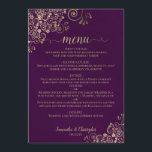 Elegant Gold Lace Frills on Plum Purple Wedding Menu<br><div class="desc">This beautiful wedding menu is simple,  elegant,  sophisticated and stylish. It features an elegant plum purple design with lacy gold script calligraphy and delicate golden curls and swirls in the corners. The background features a marbled texture.</div>