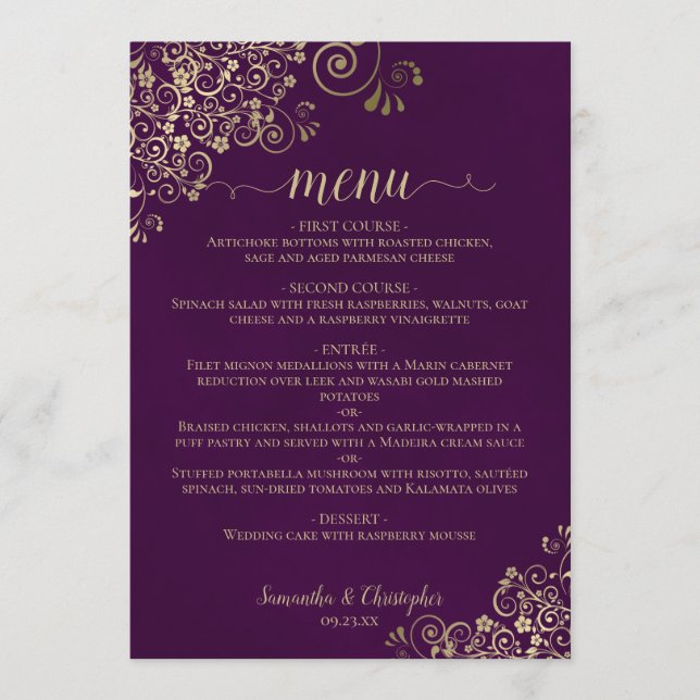 Elegant Gold Lace Frills on Plum Purple Wedding Menu (Front)
