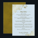 Elegant Gold Lace Frills on Powder Blue Wedding Me Menu<br><div class="desc">This beautiful wedding menu is simple,  elegant,  sophisticated and stylish. It features a beautiful powder blue coloured design with lacy gold script calligraphy and delicate golden curls and swirls in the corners. The back is a beautiful marbled gold colour.</div>