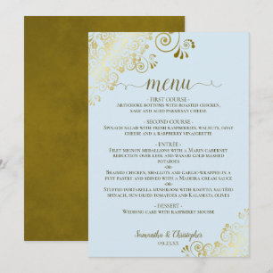 Elegant Gold Lace Frills on Powder Blue Wedding Me Menu