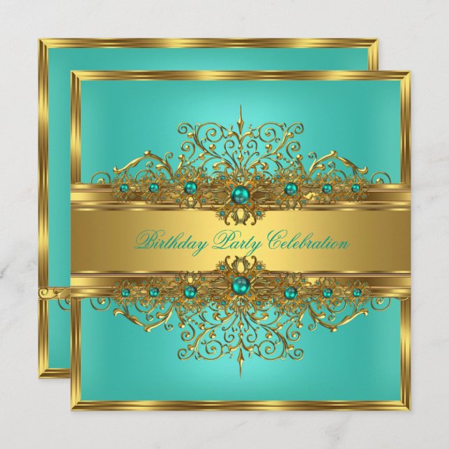 Elegant Gold Lace Jade Green Teal Pearls Party Invitation (Front/Back)