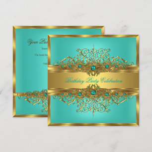 Elegant Gold Lace Jade Green Teal Pearls Party Invitation