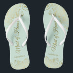 Elegant Gold Lace Maid of Honour Mint Green Weddin Thongs<br><div class="desc">These beautiful wedding flip flops are a great way to thank and recognise your Maid of Honour while saving her feet at the same time. Features an elegant design with golden lace frills on a pale neo mint green coloured background and fancy gold coloured script lettering. The test reads Maid...</div>