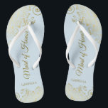 Elegant Gold Lace Maid of Honour Pale Blue Wedding Thongs<br><div class="desc">These beautiful wedding flip flops are a great way to thank and recognise your Maid of Honour while saving her feet at the same time. Features an elegant design with golden lace frills on a pale powder blue background and fancy gold coloured script lettering. The test reads Maid of Honour...</div>