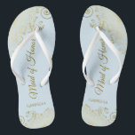 Elegant Gold Lace Maid of Honour Pale Blue Wedding Thongs<br><div class="desc">These beautiful wedding flip flops are a great way to thank and recognise your Maid of Honour while saving her feet at the same time. Features an elegant design with golden lace frills on a pale powder blue background and fancy gold coloured script lettering. The test reads Maid of Honour...</div>