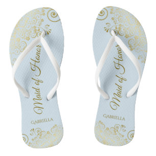 Elegant Gold Lace Maid of Honour Pale Blue Wedding Thongs
