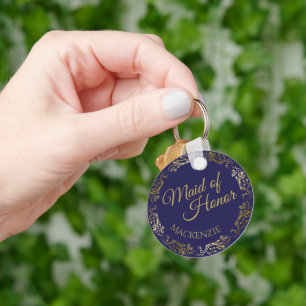 Elegant Gold Lace Navy Blue Maid of Honour Wedding Key Ring