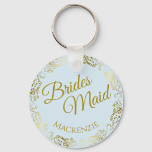 Elegant Gold Lace on Blue Bridesmaid Wedding Key Ring