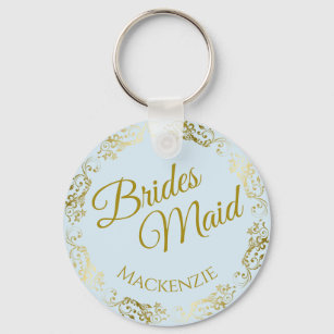 Elegant Gold Lace on Blue Bridesmaid Wedding Key Ring