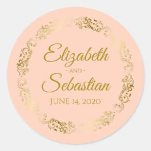 Elegant Gold Lace on Coral Peach Wedding Favour Classic Round Sticker