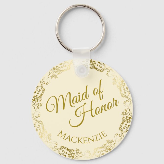 Elegant Gold Lace on Cream Maid of Honour Wedding Key Ring (Front)