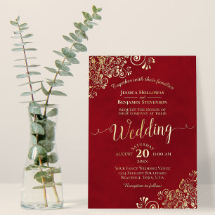 Elegant Gold Lace on Crimson Red Frilly Wedding