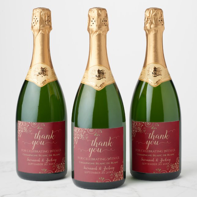 Elegant Gold Lace on Crimson Red Wedding Thank You Sparkling Wine Label (Bottles)