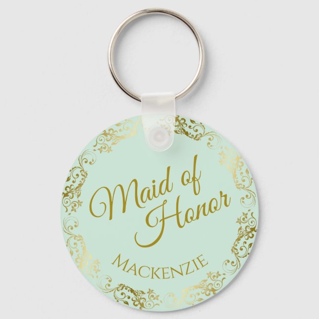 Elegant Gold Lace on Mint Maid of Honour Wedding Key Ring (Front)