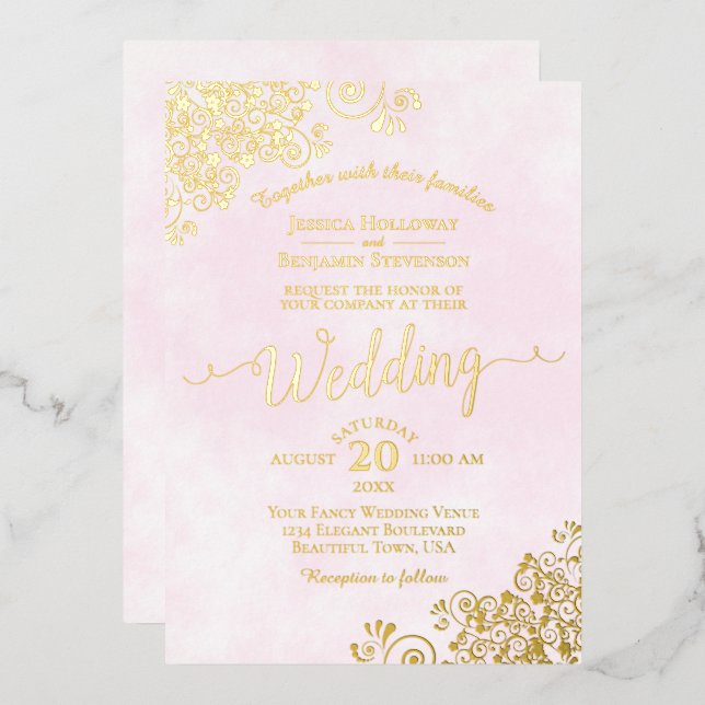 Elegant Gold Lace on Pale Pink Fancy Wedding (Front/Back)