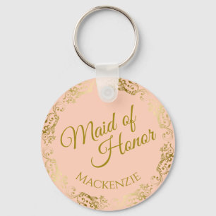 Elegant Gold Lace on Peach Maid of Honour Wedding Key Ring