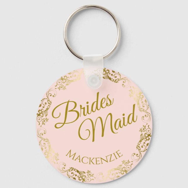 Elegant Gold Lace on Pink Bridesmaid Wedding Key Ring (Front)