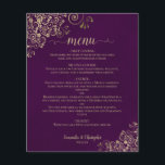 Elegant Gold Lace on Plum Budget Wedding Menu<br><div class="desc">These beautiful wedding menus are simple,  elegant,  and stylish while still being budget friendly and affordable. They feature a classy and glamourous design with golden faux foil lace and script calligraphy on a deep plum purple background.</div>