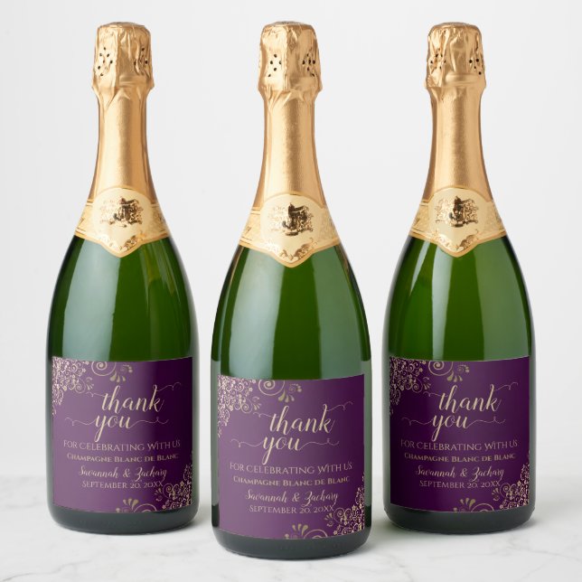 Elegant Gold Lace on Plum Purple Wedding Thank You Sparkling Wine Label (Bottles)