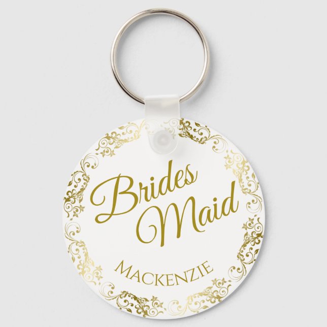Elegant Gold Lace on White Bridesmaid Wedding Key Ring (Front)