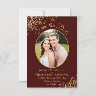 Elegant Gold Lace & Photo Auburn Brown Wedding Save The Date