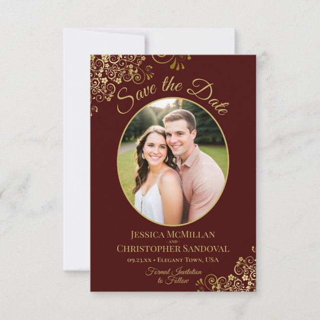 Elegant Gold Lace & Photo Auburn Brown Wedding Save The Date (Front)