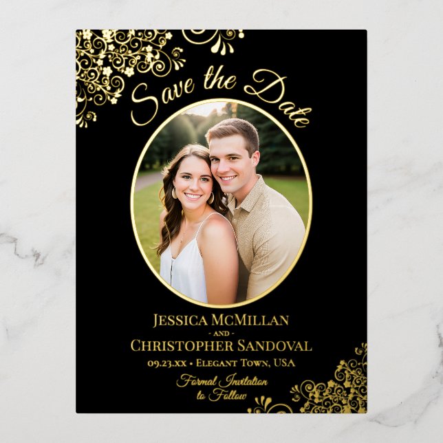 Elegant Gold Lace & Photo Black Save the Date Foil Invitation Postcard (Front)