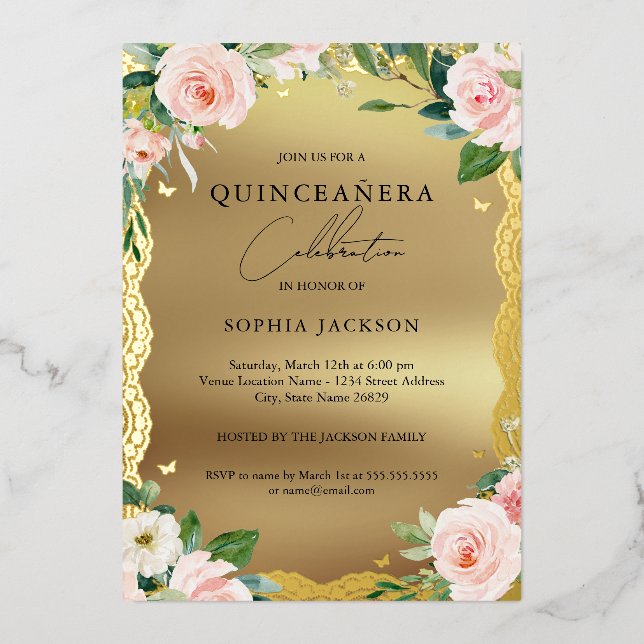 Elegant Gold Lace Pink Floral Quinceanera (Front)