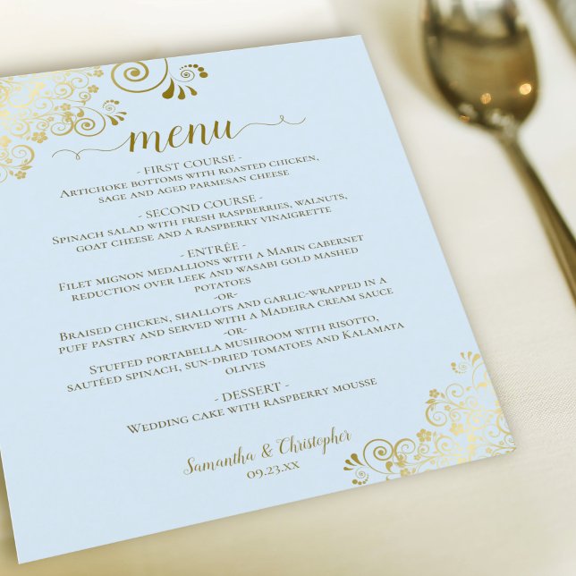 Elegant Gold Lace Powder Blue Budget Wedding Menu (Creator Uploaded)