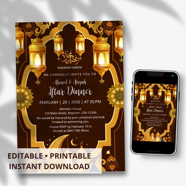 Elegant Gold Lantern & Crescent Moon Ramadan Iftar Invitation (Creator Uploaded)