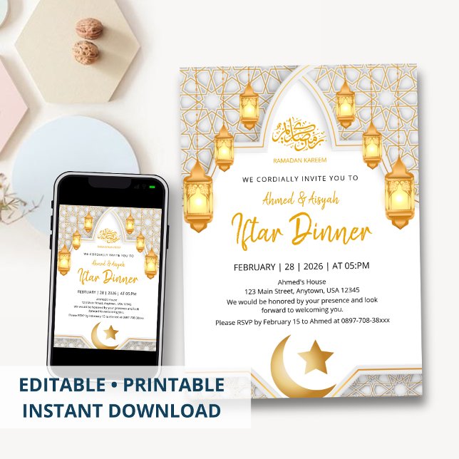 Elegant Gold Lantern & White Geometric Arch Iftar  Invitation (Creator Uploaded)