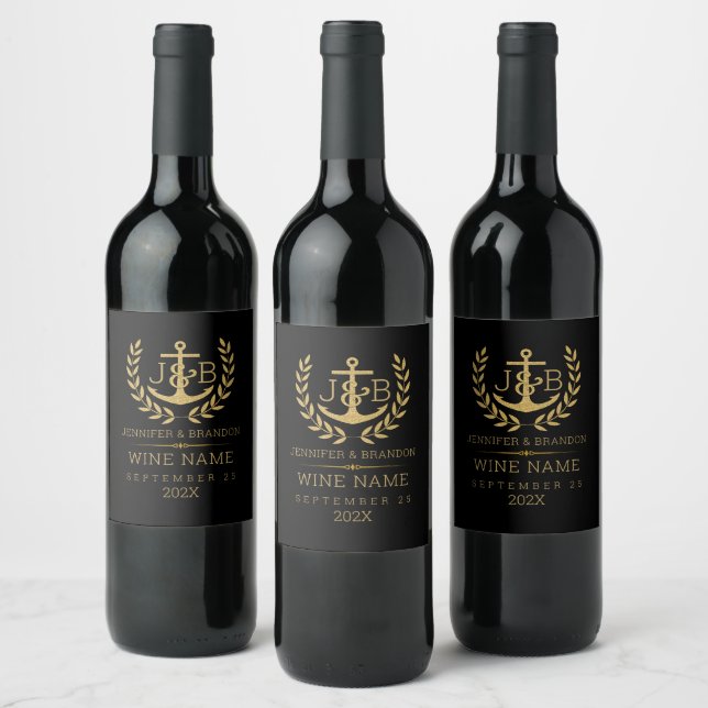 Elegant Gold Laurel Wreath and Anchor Black Wine Label (Bottles)