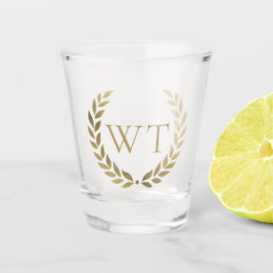 Elegant Gold Laurel Wreath Monogram Initials Shot Glass