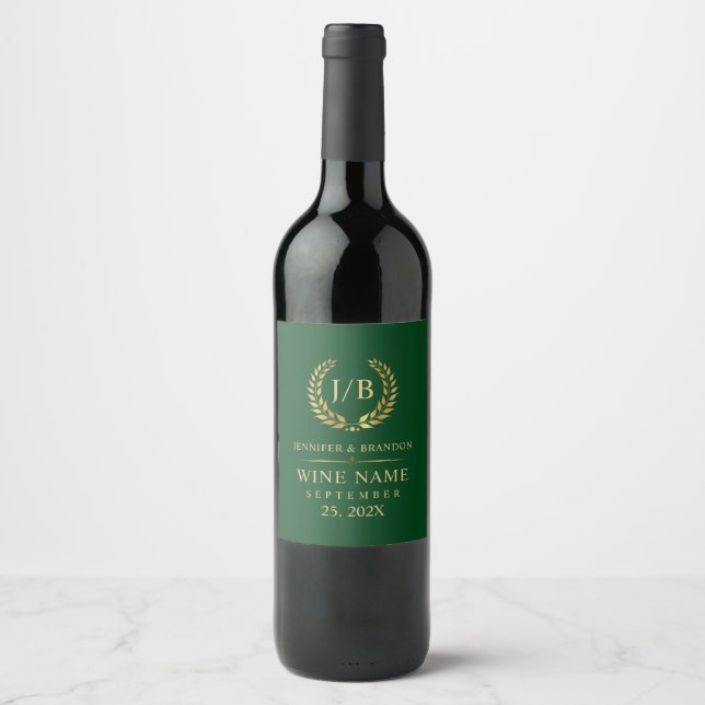 Elegant Gold Laurel Wreath On Green Wine Label (Front)