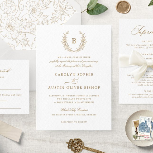 Elegant Gold Laurel Wreath Wedding Monogram Crest  Invitation (Creator Uploaded)