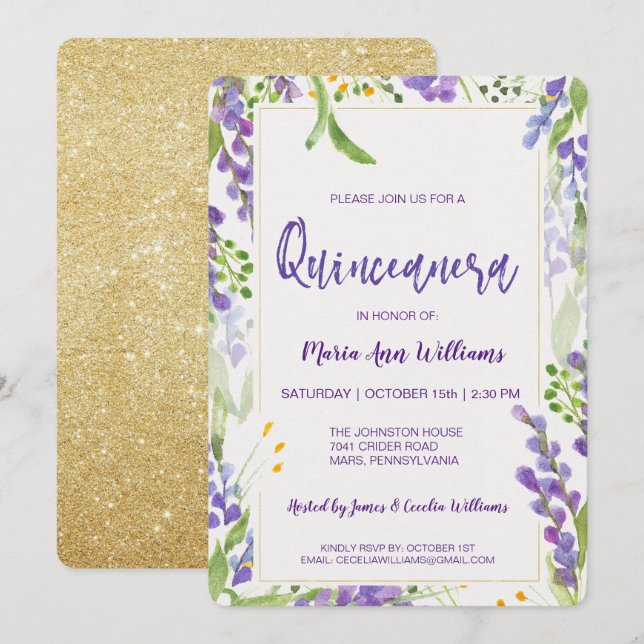 Elegant Gold Lavender Floral Glitter  Quinceanera Invitation (Front/Back)