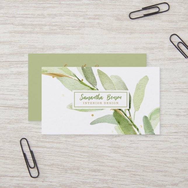 Elegant Gold  Leaf Airy Greenery Business Card (Front/Back In Situ)