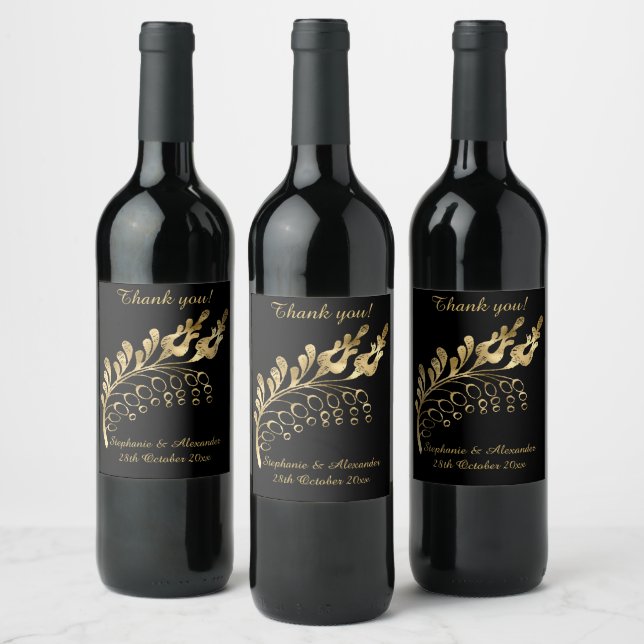 ELEGANT GOLD LEAF BLACK  CUSTOMIZABLE WINE LABEL (Bottles)