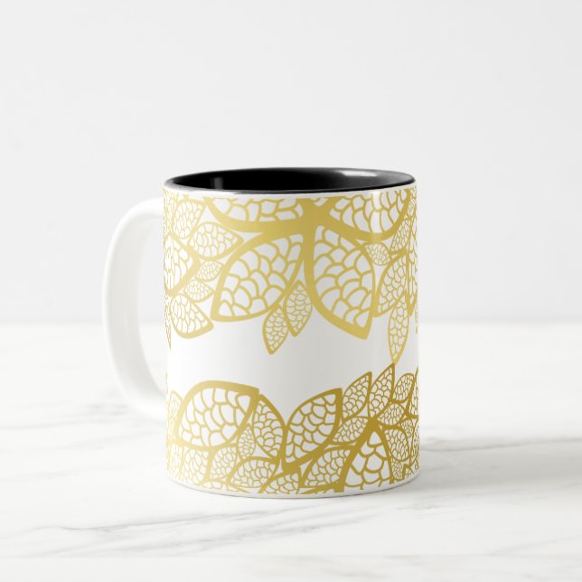 Elegant Gold Leaf Botanical Pattern Mug (Front Left)