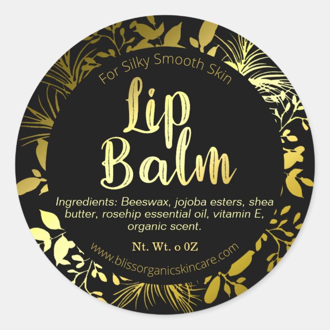Elegant Gold Leaf Branches on Black Lip Balm Classic Round Sticker (Front)