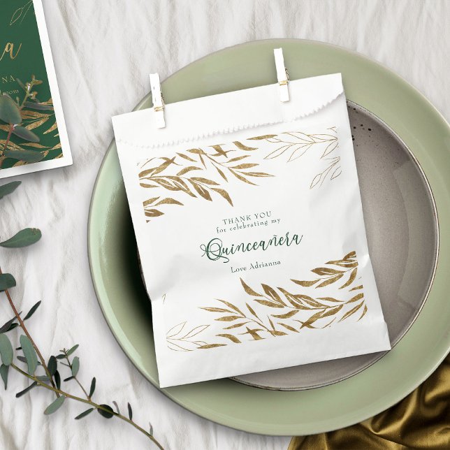 Elegant Gold Leaf Emerald Green Quinceanera Favour Bag (Emerald Green Quinceanera favor bags from my Gold Leaf Quinceanera Collection)