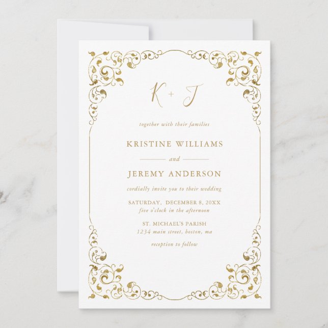 Elegant Gold Leaf Frame Monogram Wedding Invitation (Front)
