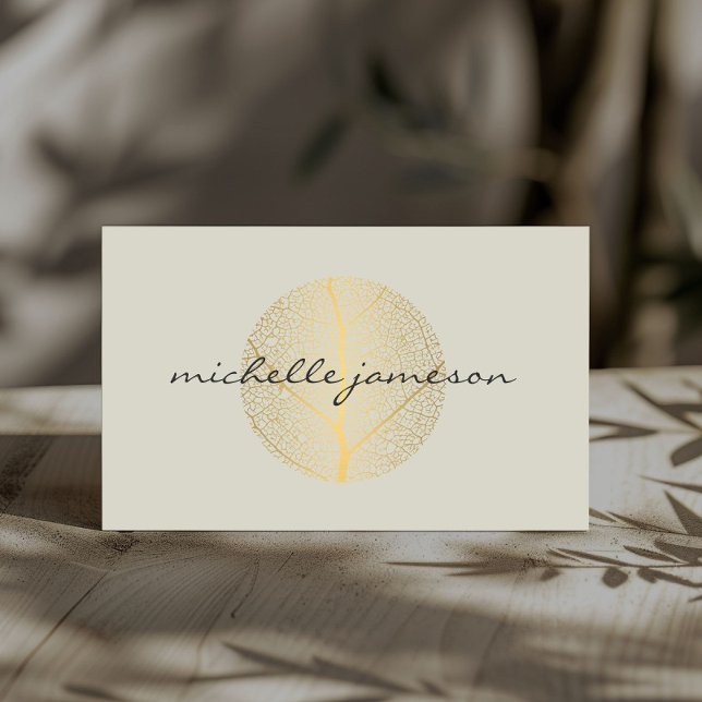 Elegant Gold Leaf Logo on Light Tan Business Card (Creator Uploaded)