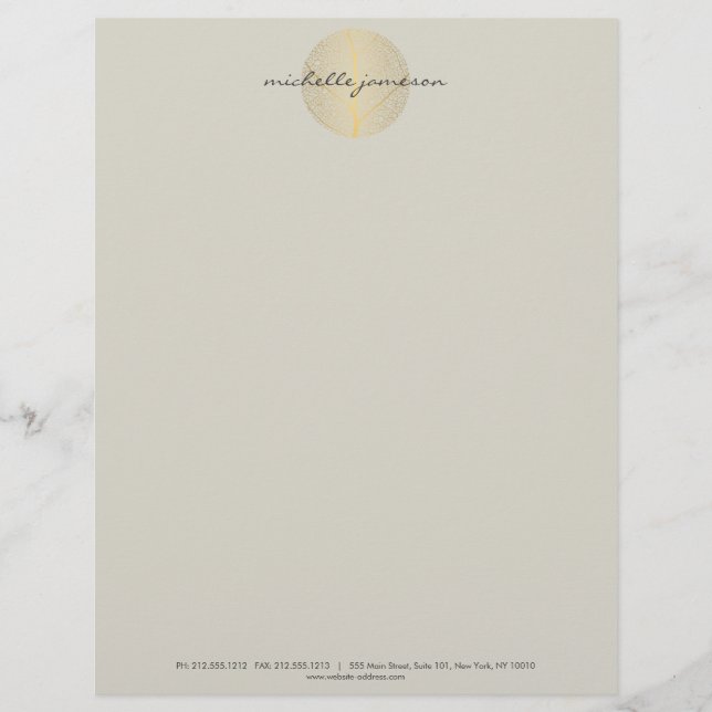 Elegant Gold Leaf Logo on Tan Custom Letterhead (Front)