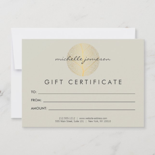 Elegant Gold Leaf Logo on Tan Gift Certificate (Front)