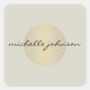 Elegant Gold Leaf Logo on Tan Square Sticker