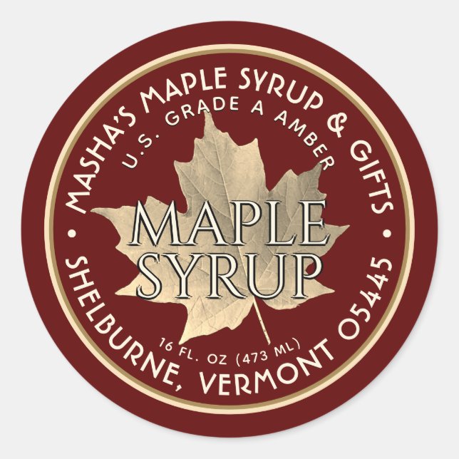 Elegant Gold Leaf Maple Syrup Sticker Red (Front)
