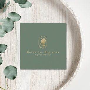 Elegant Gold Leaf Minimal Botanical Green Square Business Card